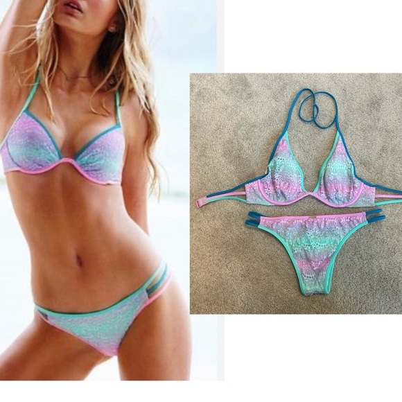 Victoria's Secret pink purple teal green lace halter bikini swimsuit sexy pastel - Picture 7 of 7